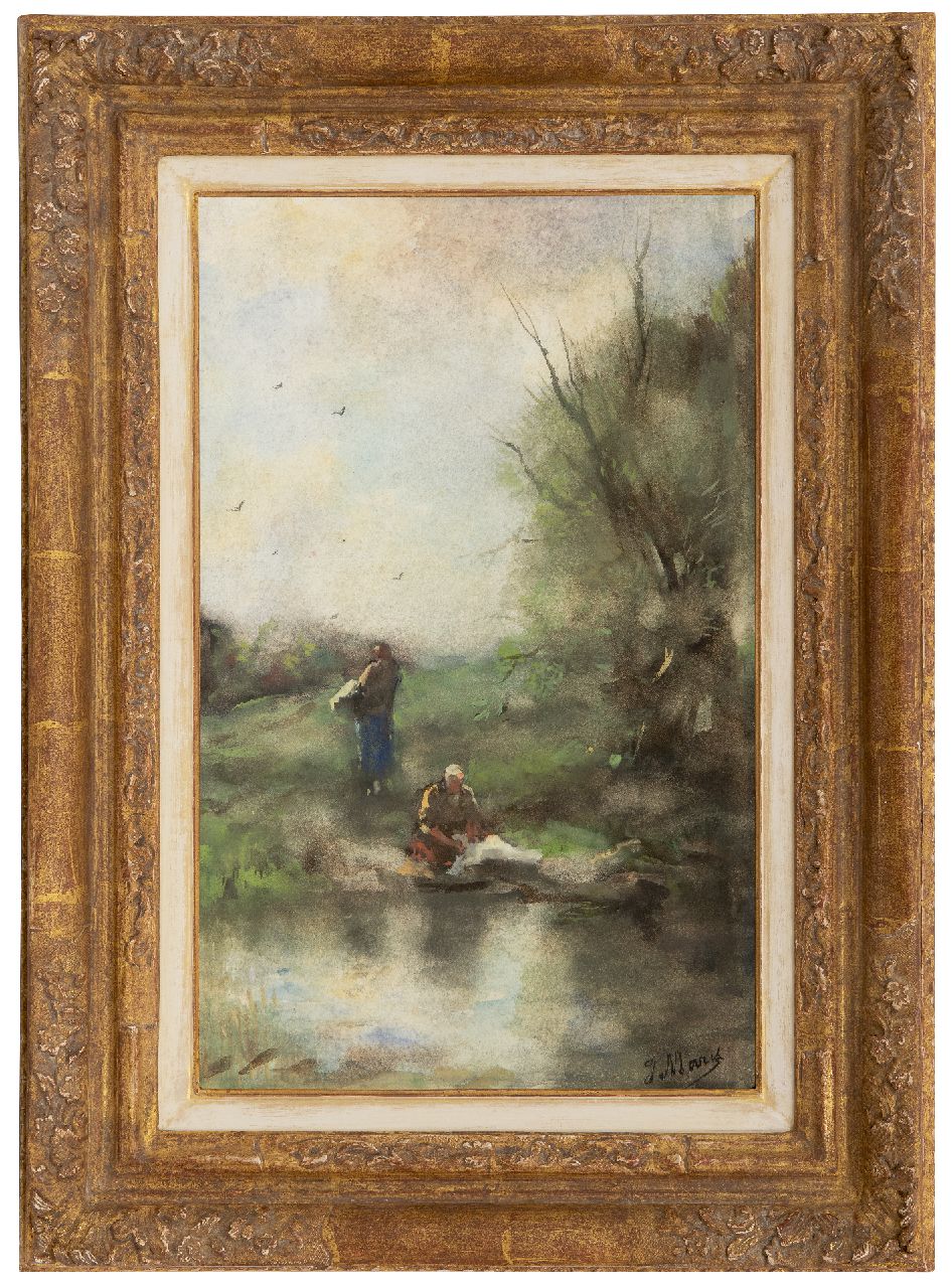 Maris J.H.  | Jacobus Hendricus 'Jacob' Maris | Watercolours and drawings offered for sale | Washerwomen by the river, watercolour on paper 38.8 x 24.5 cm, signed l.r. and painted ca. 1888-1889