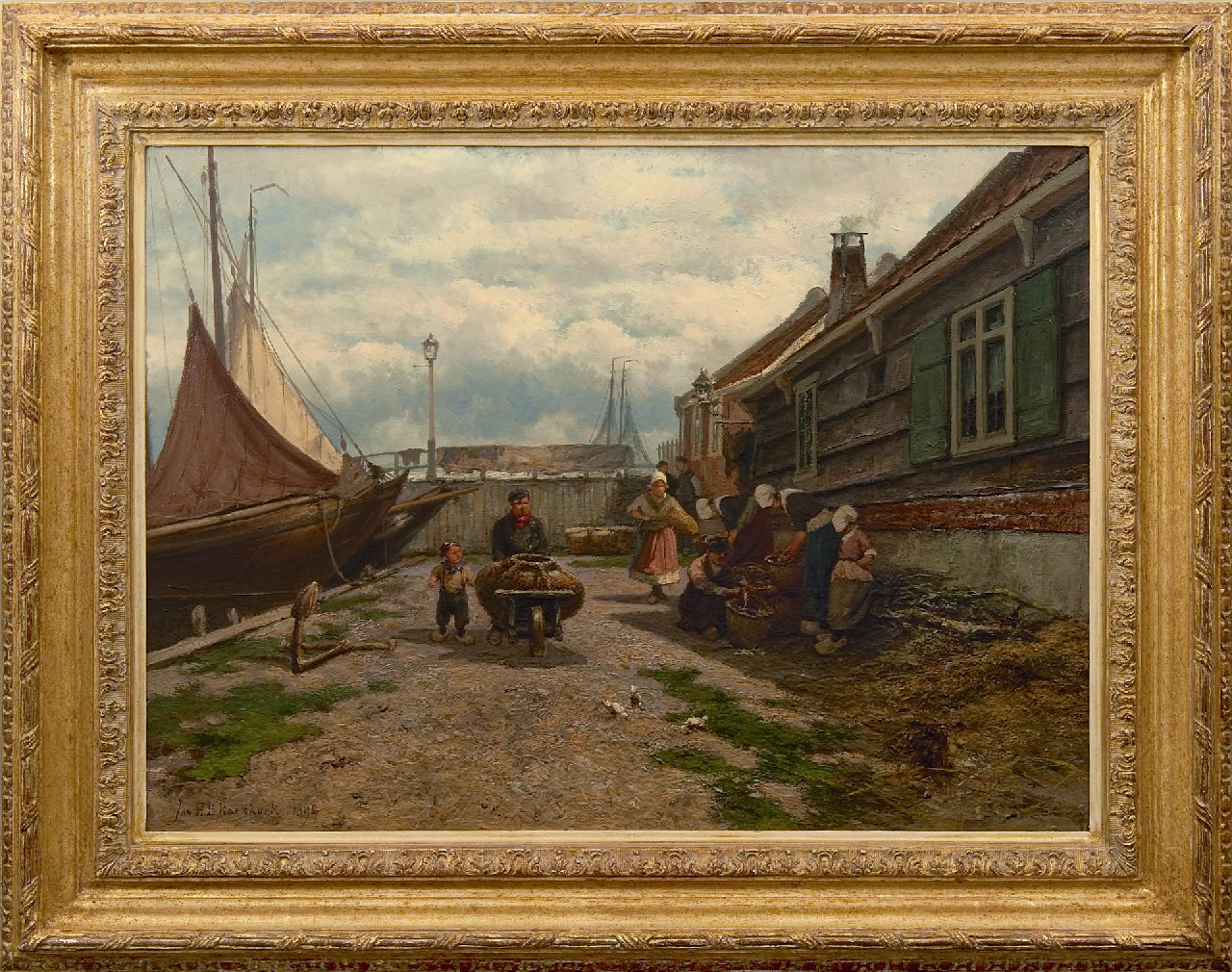 Koekkoek J.H.B.  | Johannes Hermanus Barend 'Jan H.B.' Koekkoek | Paintings offered for sale | Fisherwomen selling their catch a Zuiderzee harbour, oil on panel 53.2 x 73.0 cm, signed l.l. and dated 1894