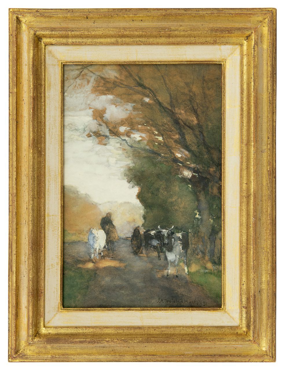 Weissenbruch H.J.  | Hendrik Johannes 'J.H.' Weissenbruch, Cows on a path along the edge of a forest, watercolour on paper 35.3 x 22.8 cm, signed l.r. and dated '91