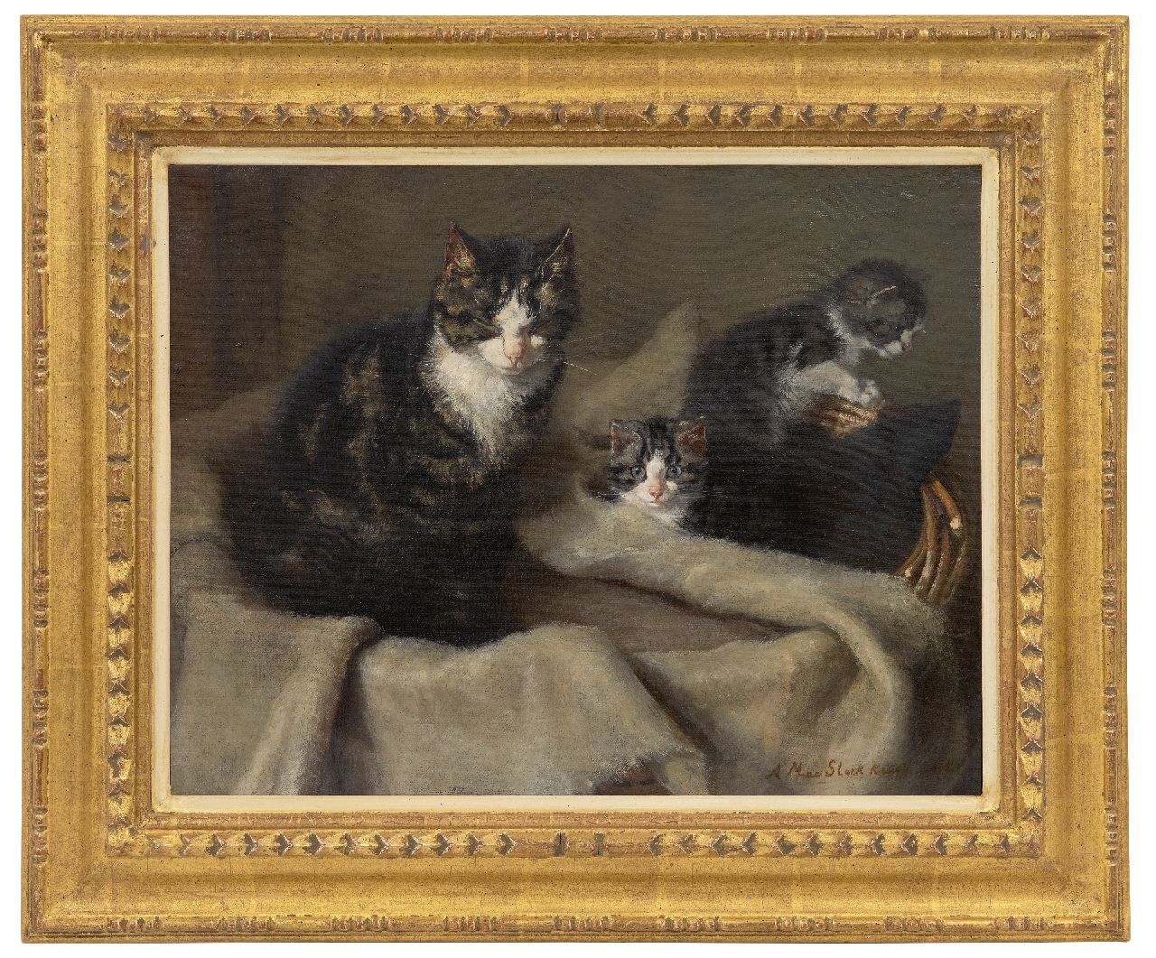 Kruijff A.M.  | Anna Maria Kruijff, Mother cat with two kittens, oil on canvas 35.2 x 45.4 cm, signed l.r. and dated 1908