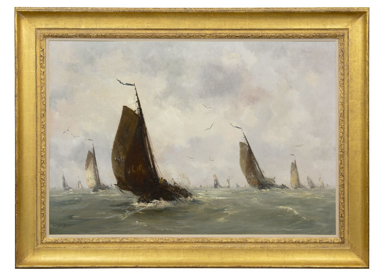 Smith H.  | Hobbe Smith, Sailing boats from Urk leaving harbour, oil on canvas 72.5 x 107.3 cm, signed l.l.
