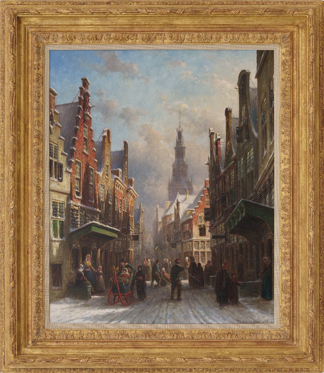 Vertin P.G.  | Petrus Gerardus Vertin, Hustle and bustle in a snow-covered Dutch town, oil on panel 61.2 x 50.2 cm, signed l.r. and dated '77