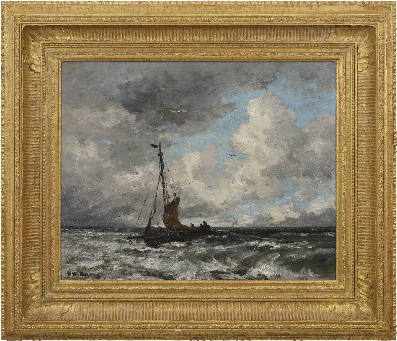 Mesdag H.W.  | Hendrik Willem Mesdag, Fishing smack on the North Sea, oil on canvas laid down on board 40.2 x 50.6 cm, signed l.l.