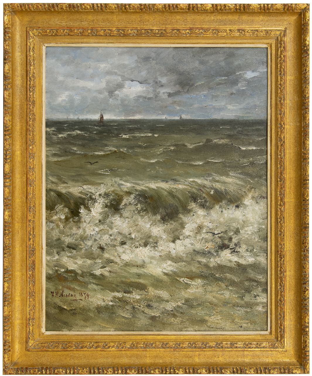 Mesdag H.W.  | Hendrik Willem Mesdag, Breakers with ships in the distance, oil on canvas laid down on panel 88.6 x 69.5 cm, signed l.l. and dated 1879