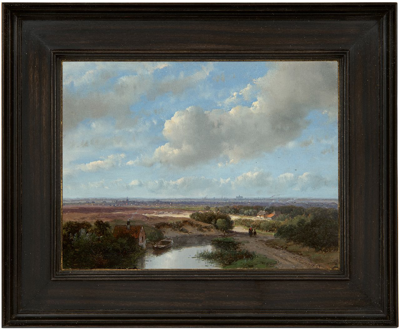 Schelfhout A.  | Andreas Schelfhout, Panoramic landscape with the St. Bavokerk of Haarlem and a steam train on the horizon, oil on panel 17.3 x 22.9 cm, signed l.r. and dated '57