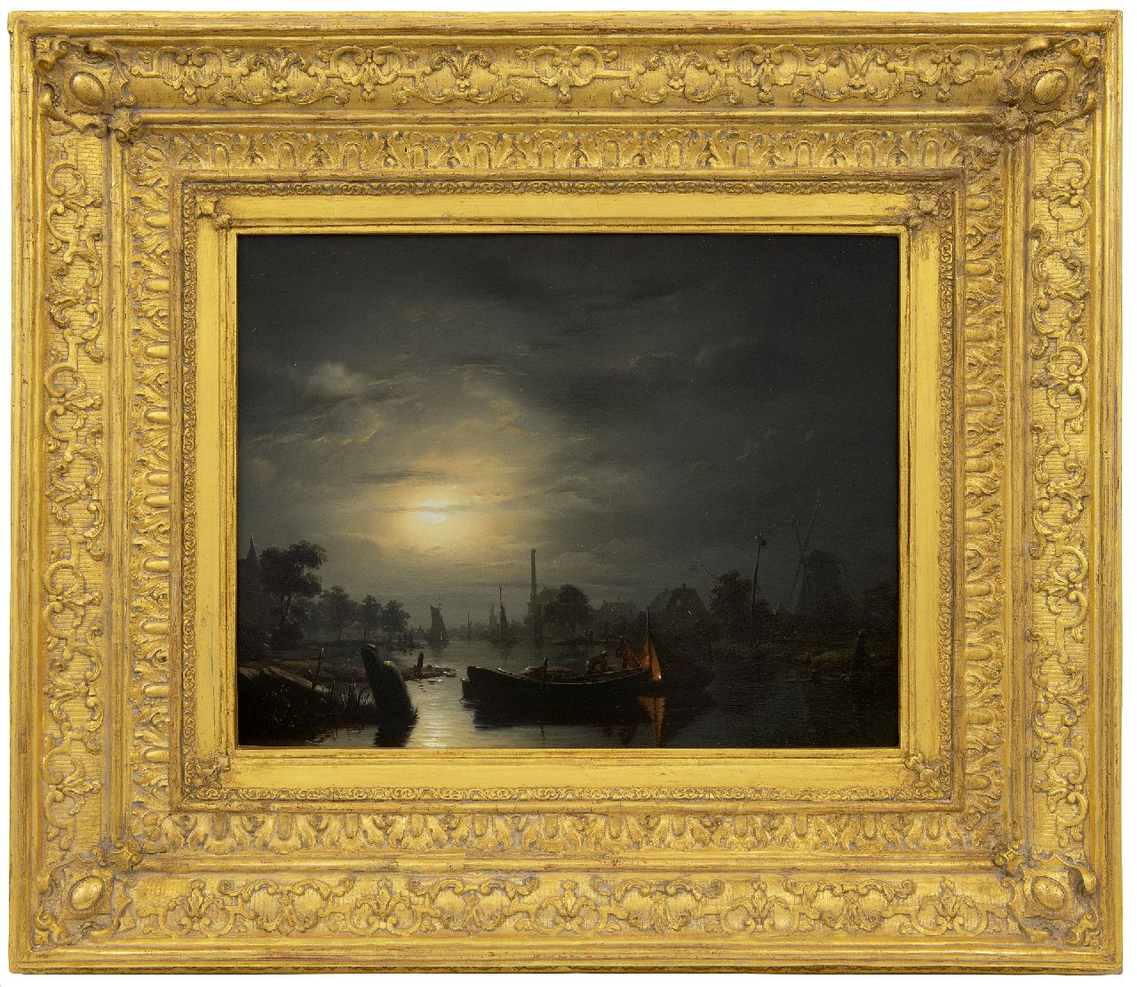 Schendel P. van | Petrus van Schendel, Moonlit riverlandscape near The Hague, oil on panel 33.3 x 43.4 cm, signed l.r. and dated 1846