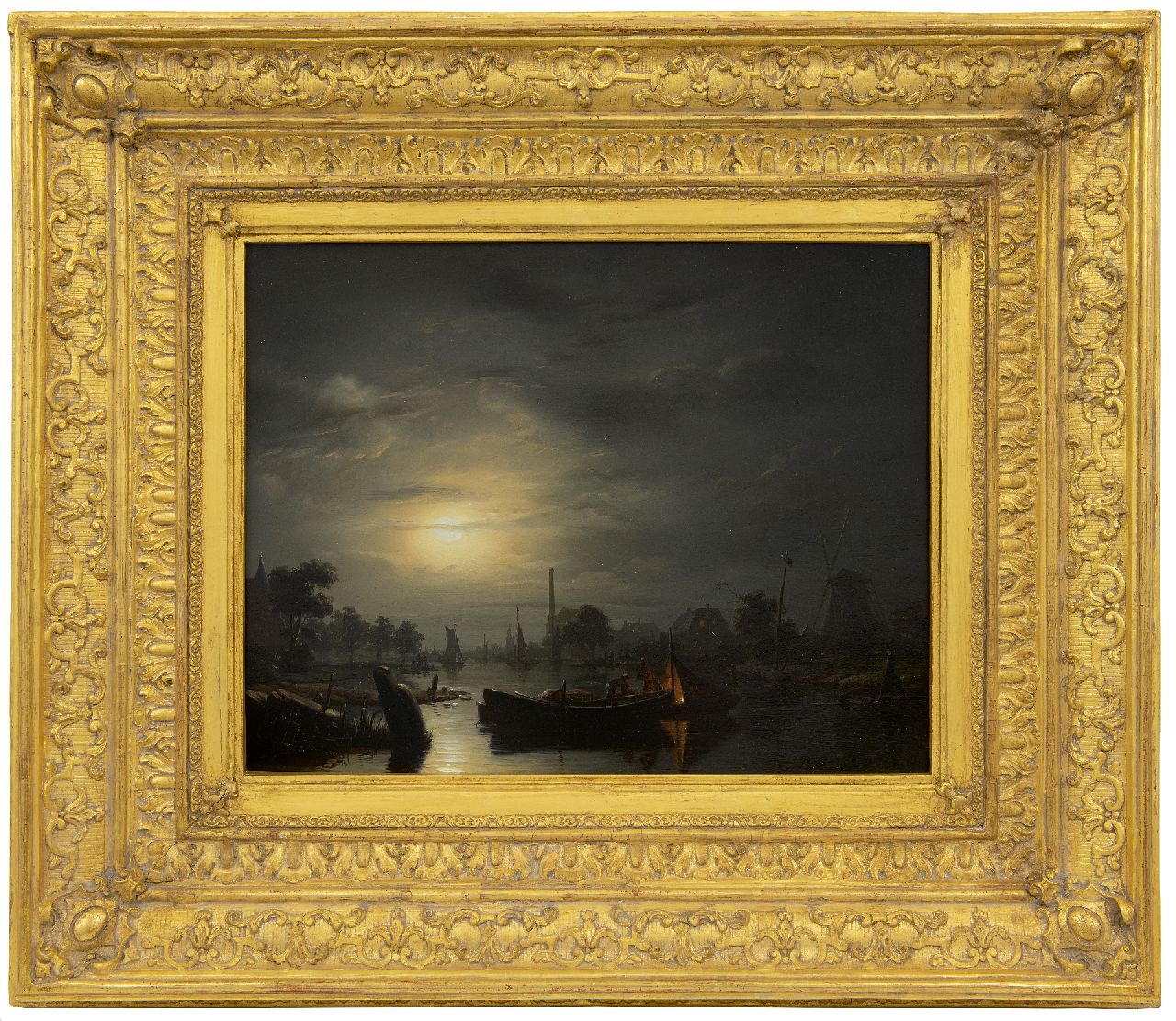 Schendel P. van | Petrus van Schendel, Moonlit riverlandscape near The Hague, oil on panel 33.3 x 43.4 cm, signed l.r. and dated 1846