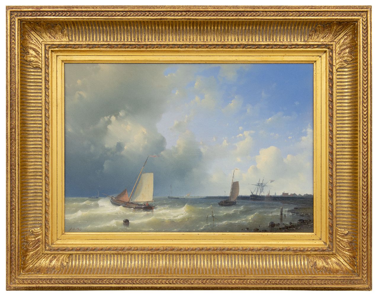Hulk A.  | Abraham Hulk | Paintings offered for sale | Fishing boats in a strong breeze at the harbour entrance, oil on panel 36.5 x 53.5 cm, signed l.l.
