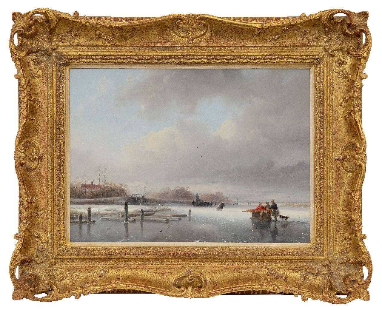 Schelfhout A.  | Andreas Schelfhout | Paintings offered for sale | Frozen river with skaters and a koek and zopie, oil on panel 29.5 x 40.0 cm, signed l.l. and painted ca. 1832-1834