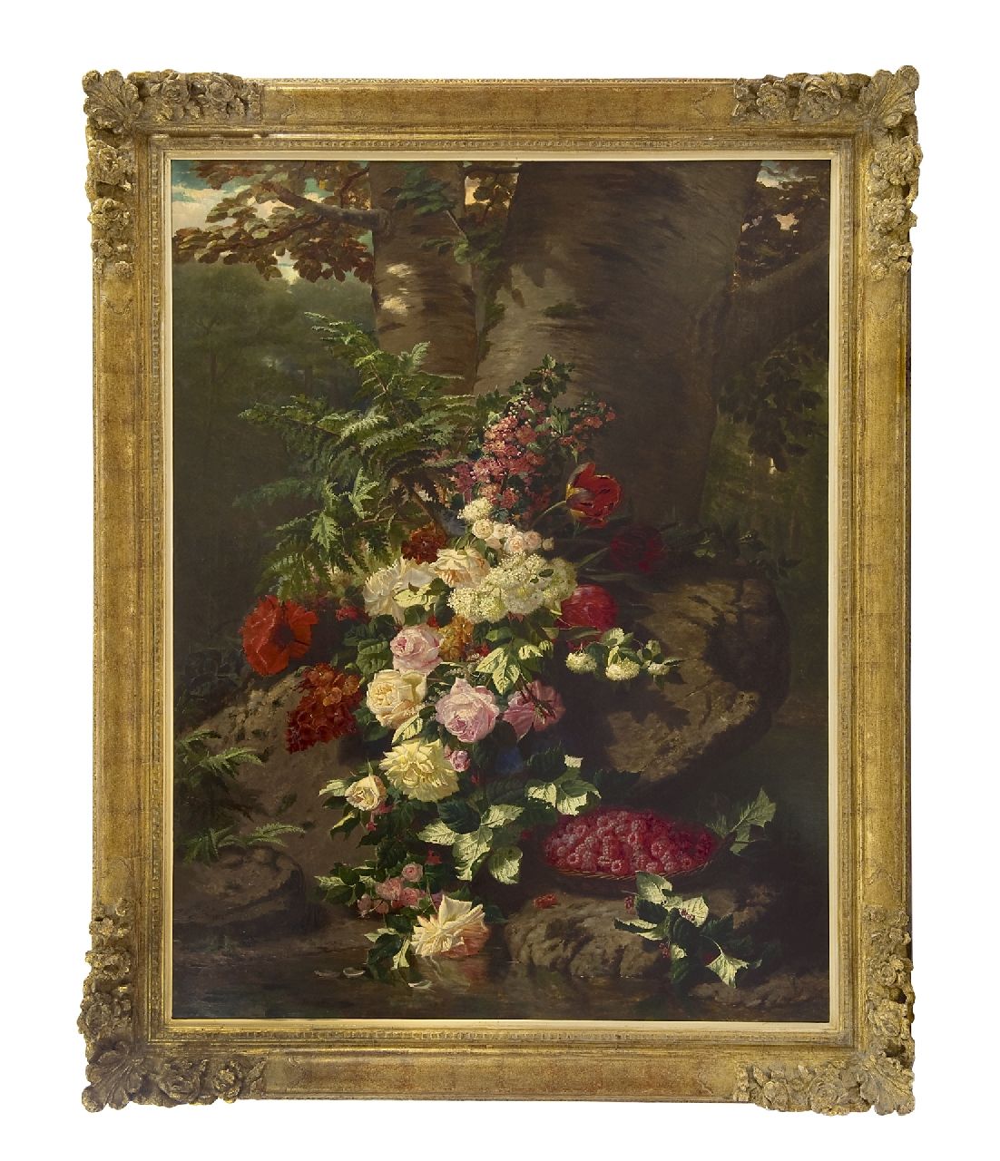 Robie J.B.  | Jean-Baptiste Robie | Paintings offered for sale | Flower still life with roses, flowering branches and raspberries, oil on canvas 137.7 x 106.0 cm, signed l.l. and dated 'Bruxelles' 1864