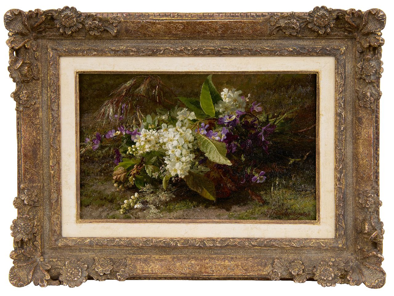 Sande Bakhuyzen G.J. van de | 'Gerardine' Jacoba van de Sande Bakhuyzen | Paintings offered for sale | A still life of flowering springs and violets on the forest soil, oil on panel 22.9 x 36.3 cm, signed l.r.