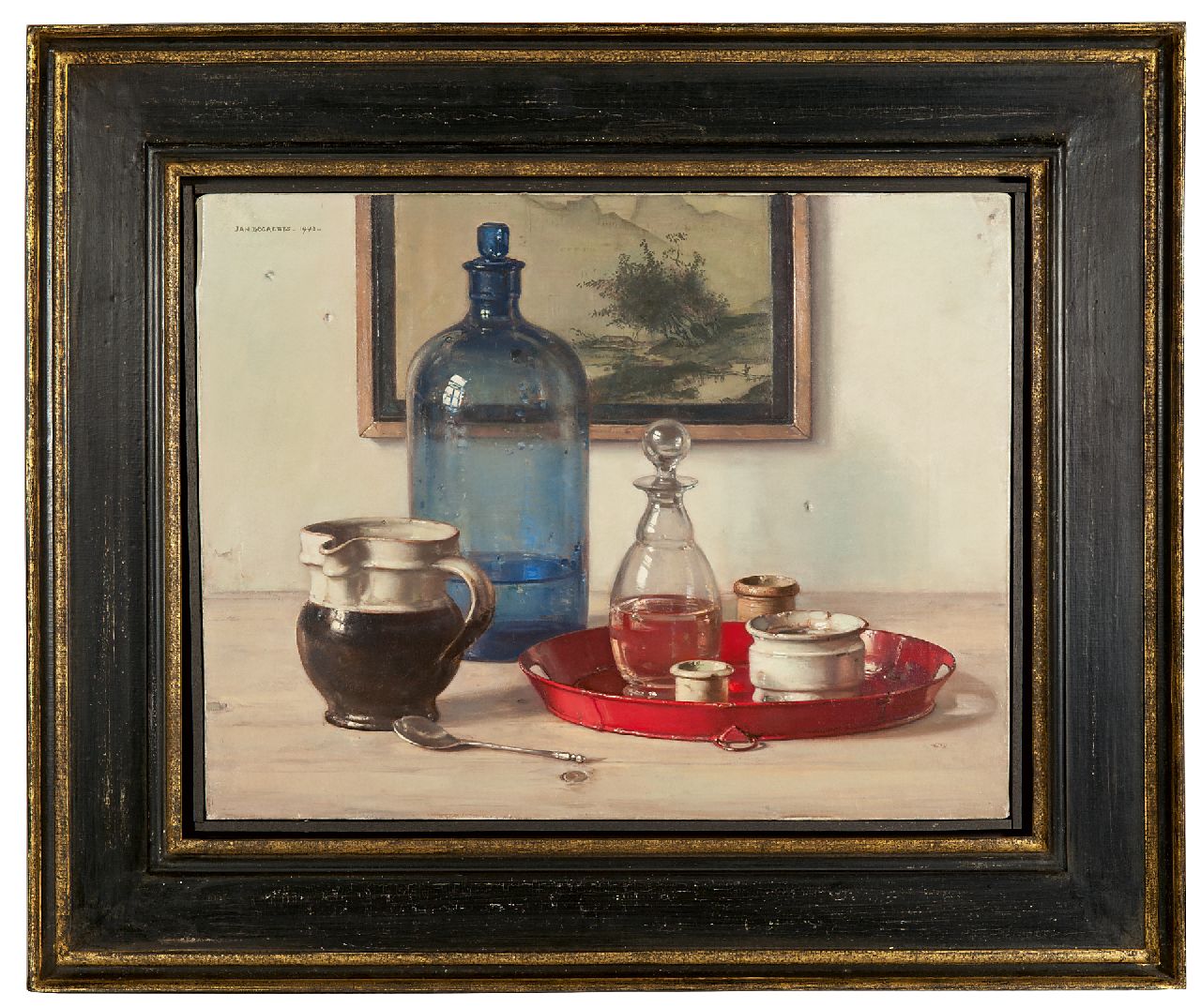 Bogaerts J.J.M.  | Johannes Jacobus Maria 'Jan' Bogaerts | Paintings offered for sale | Still life with blue bottle and jars, oil on canvas 34.7 x 45.4 cm, signed u.l. and dated 1943