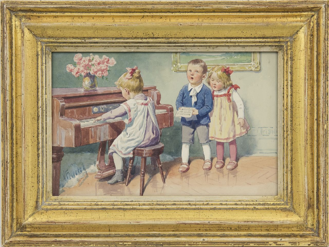 Feiertag K.  | Karl Feiertag | Watercolours and drawings offered for sale | The performance, watercolour on paper 17.9 x 27.9 cm, signed l.l.