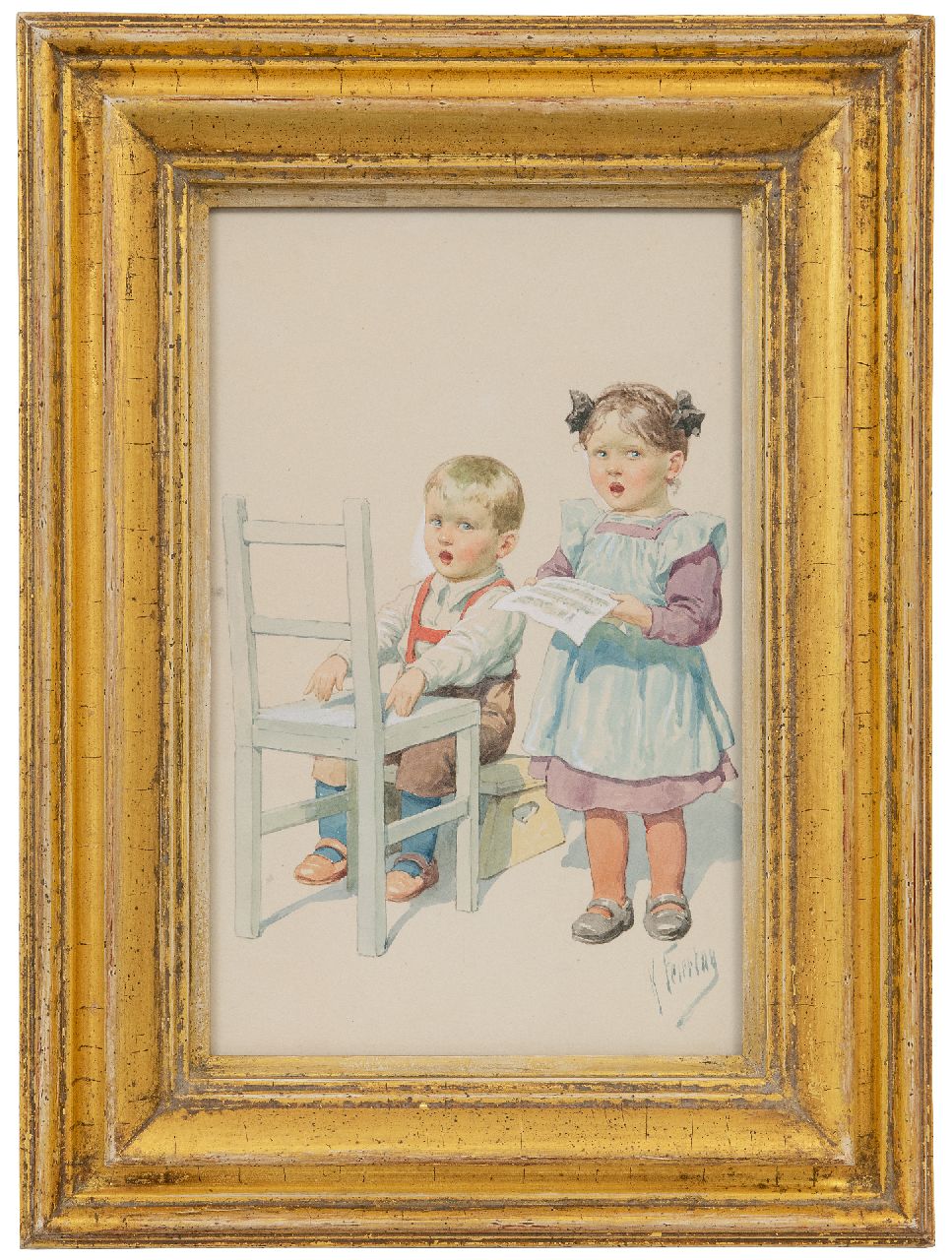Feiertag K.  | Karl Feiertag | Watercolours and drawings offered for sale | The duet, watercolour on paper 27.8 x 17.8 cm, signed l.r.