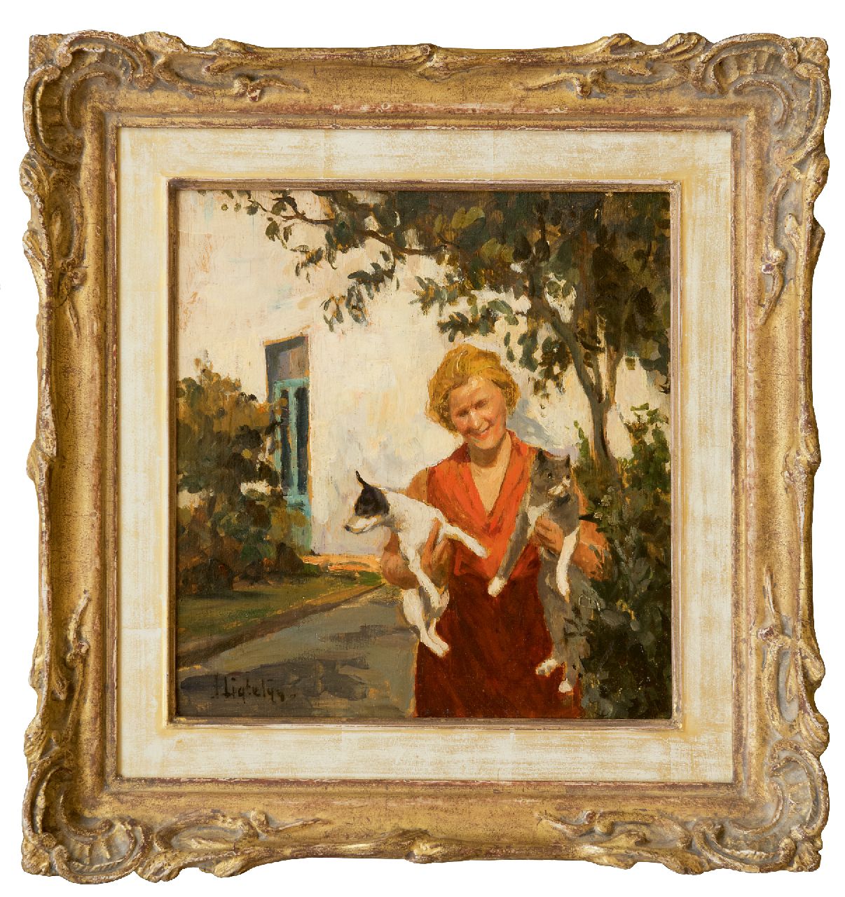 Ligtelijn E.J.  | Evert Jan Ligtelijn, A lady with her dog and cat in the garden, oil on panel 24.0 x 22.7 cm, signed l.l.