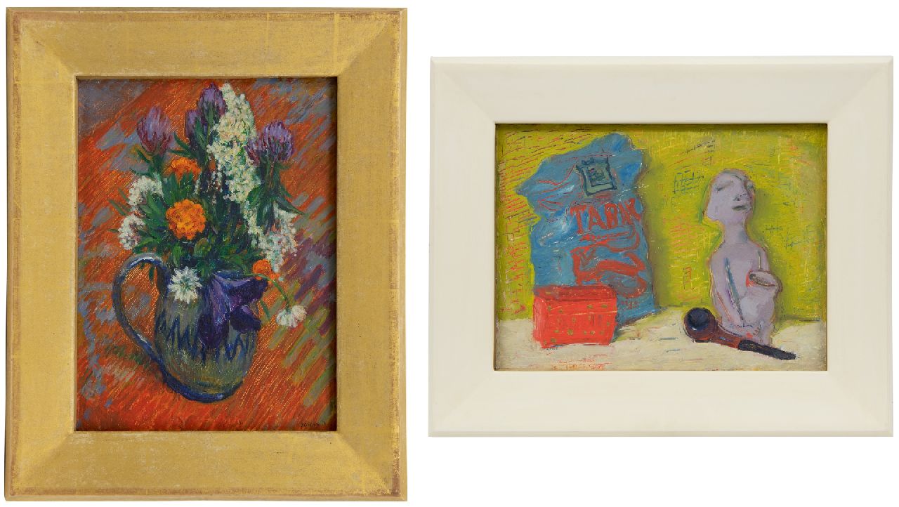 Dijkstra J.  | Johannes 'Johan' Dijkstra | Paintings offered for sale | Flowers; on the reverse: Still life with pipe and tobacco, wax paint on canvas 40.5 x 30.0 cm, signed l.r. and painted ca. 1930