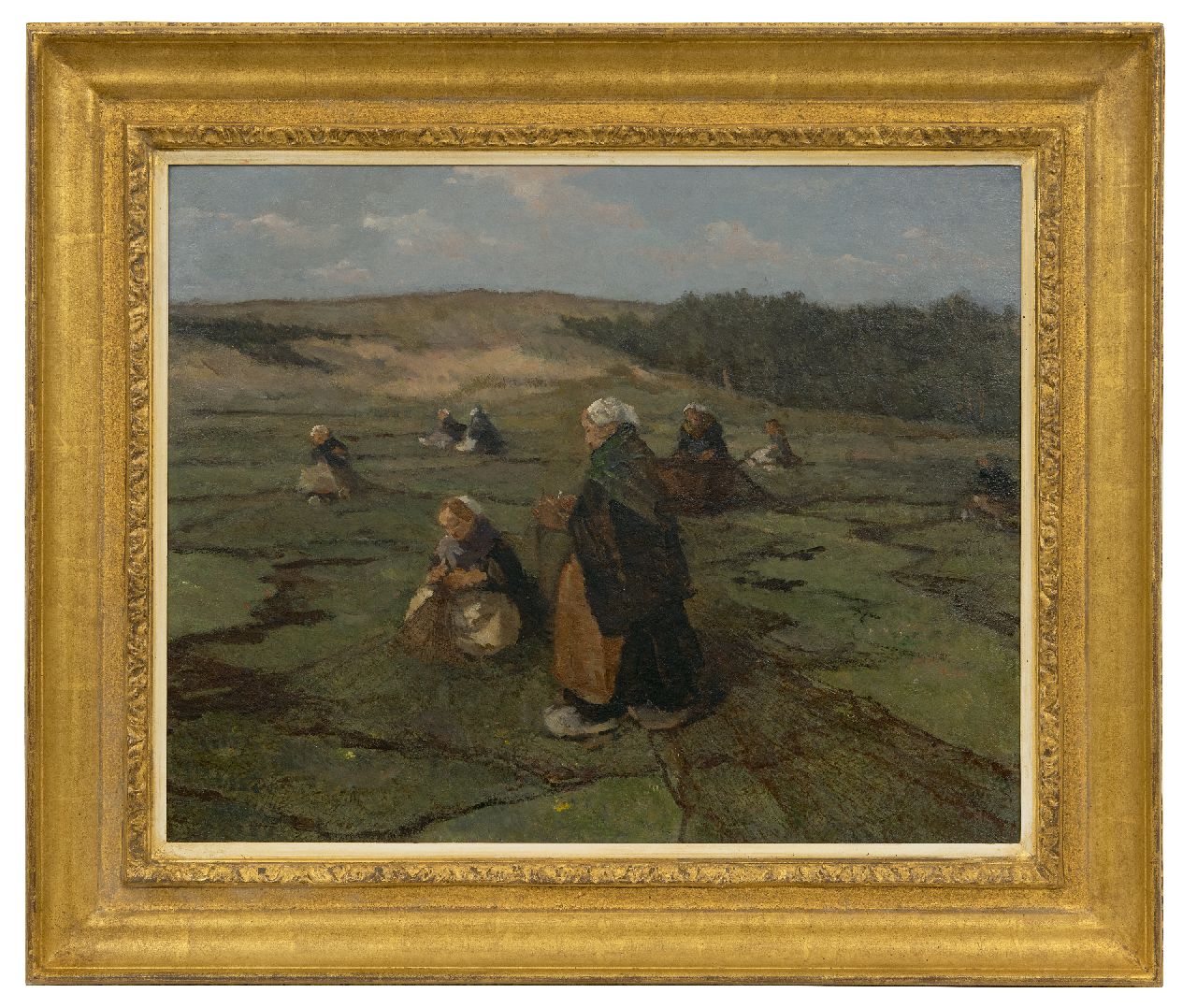 Akkeringa J.E.H.  | 'Johannes Evert' Hendrik Akkeringa | Paintings offered for sale | Mending fishing nets in the dunes, oil on canvas laid down on panel 47.1 x 58.4 cm