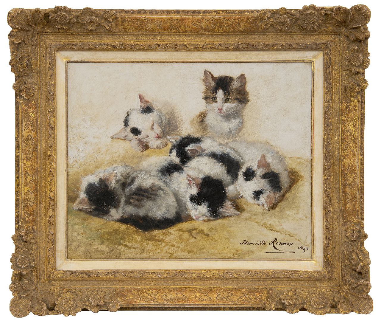 Ronner-Knip H.  | Henriette Ronner-Knip, Young kittens, oil on panel 32.2 x 40.3 cm, signed l.r. and dated 1892