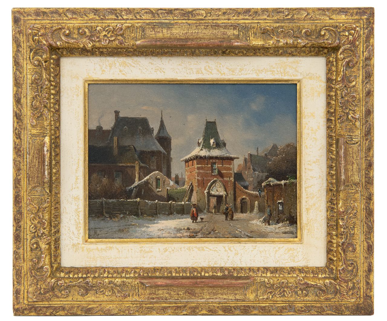 Eversen A.  | Adrianus Eversen, A town in winter with a gate, oil on panel 14.8 x 20.5 cm, signed l.l. with monogram