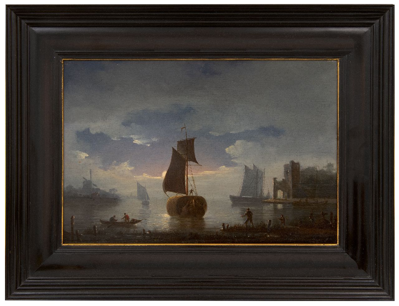 Gruijter G.  | Gerrit Gruijter | Paintings offered for sale | Mooring hayship by moonlight, oil on panel 22.4 x 33.0 cm
