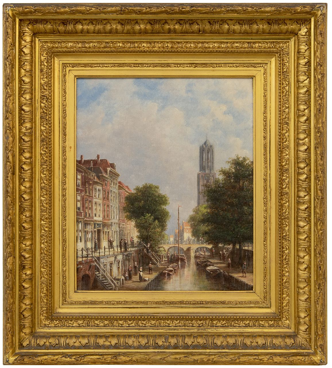 Vertin P.G.  | Petrus Gerardus Vertin | Paintings offered for sale | A town view with the Dom tower of Utrecht, oil on canvas 34.1 x 28.6 cm, signed l.l.