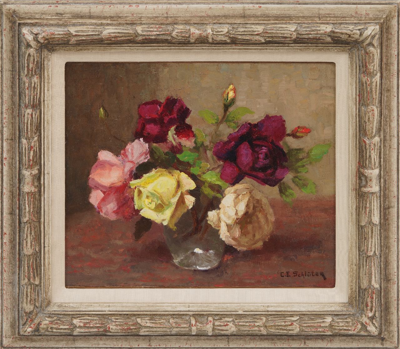 Schlüter C.A.  | 'Carl' Eberhard Schlüter | Paintings offered for sale | Roses in a glass vase, oil on canvas 25.6 x 30.5 cm, signed l.r.