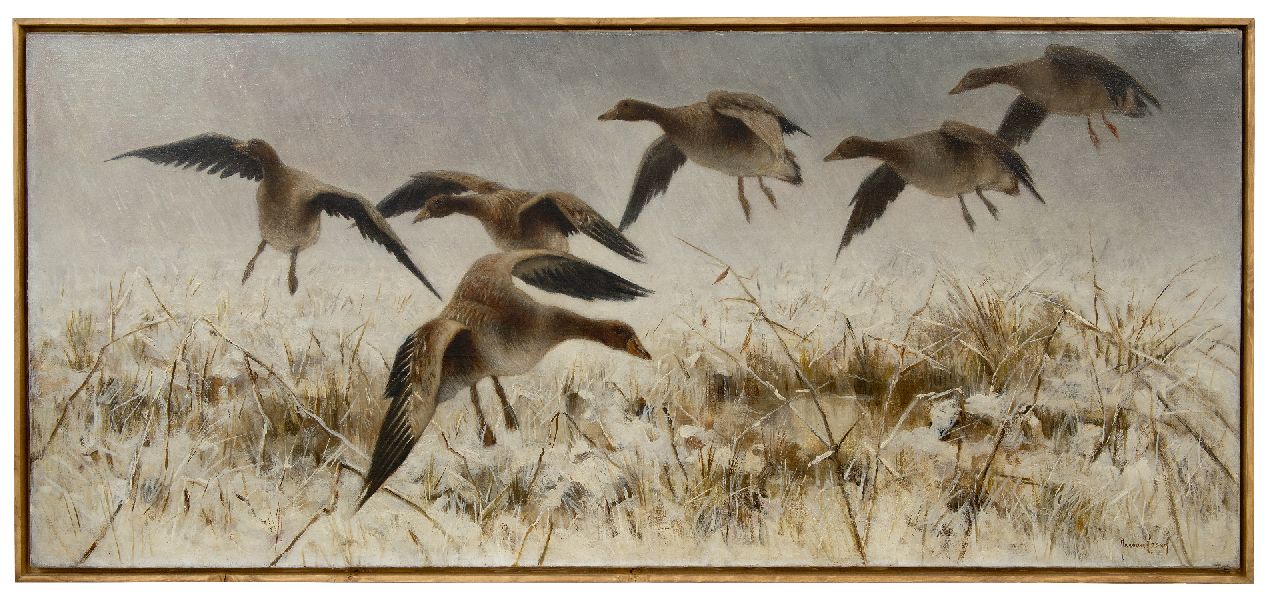 Essen J.C. van | Johannes Cornelis 'Jan' van Essen, Geese in a snowy landscape, oil on canvas 61.8 x 140.1 cm, signed l.r.