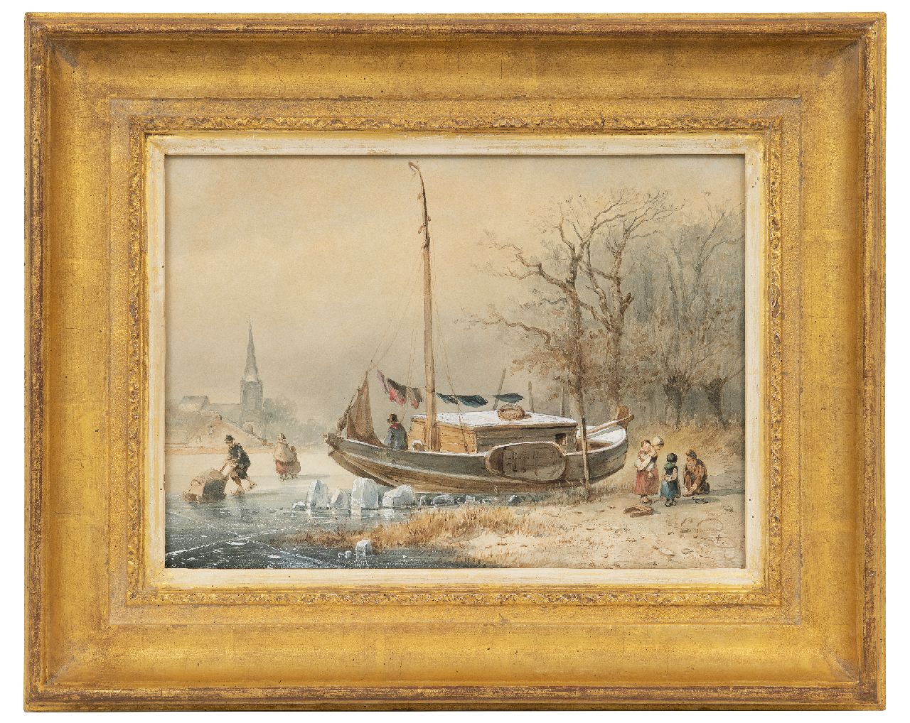 Smits J.G.  | Jan Gerard Smits | Watercolours and drawings offered for sale | Winter landscape with frozen ship, watercolour on paper 22.0 x 30.0 cm, signed l.r. and dated '50