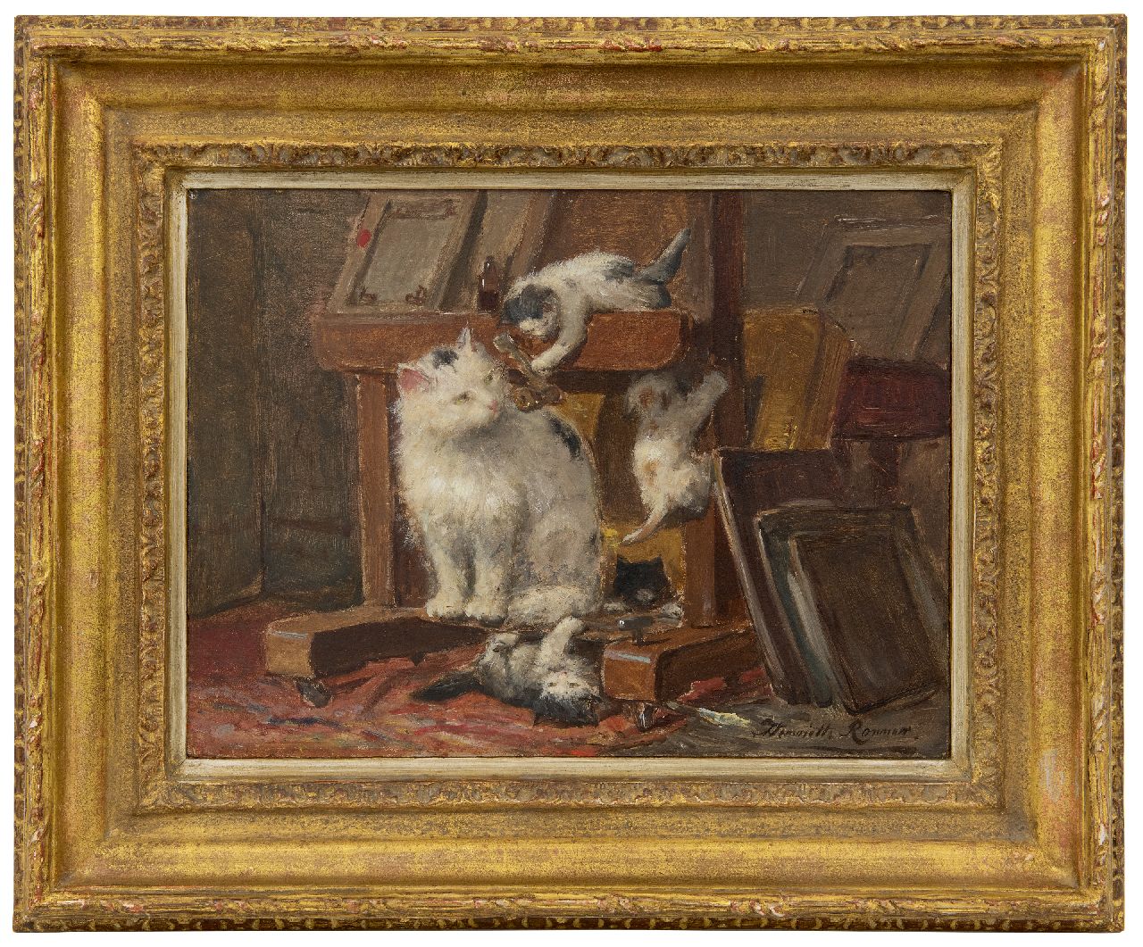 Ronner-Knip H.  | Henriette Ronner-Knip, Mother cat with kittens in the studio, oil on paper laid down on panel 28.1 x 37.1 cm, signed l.r.