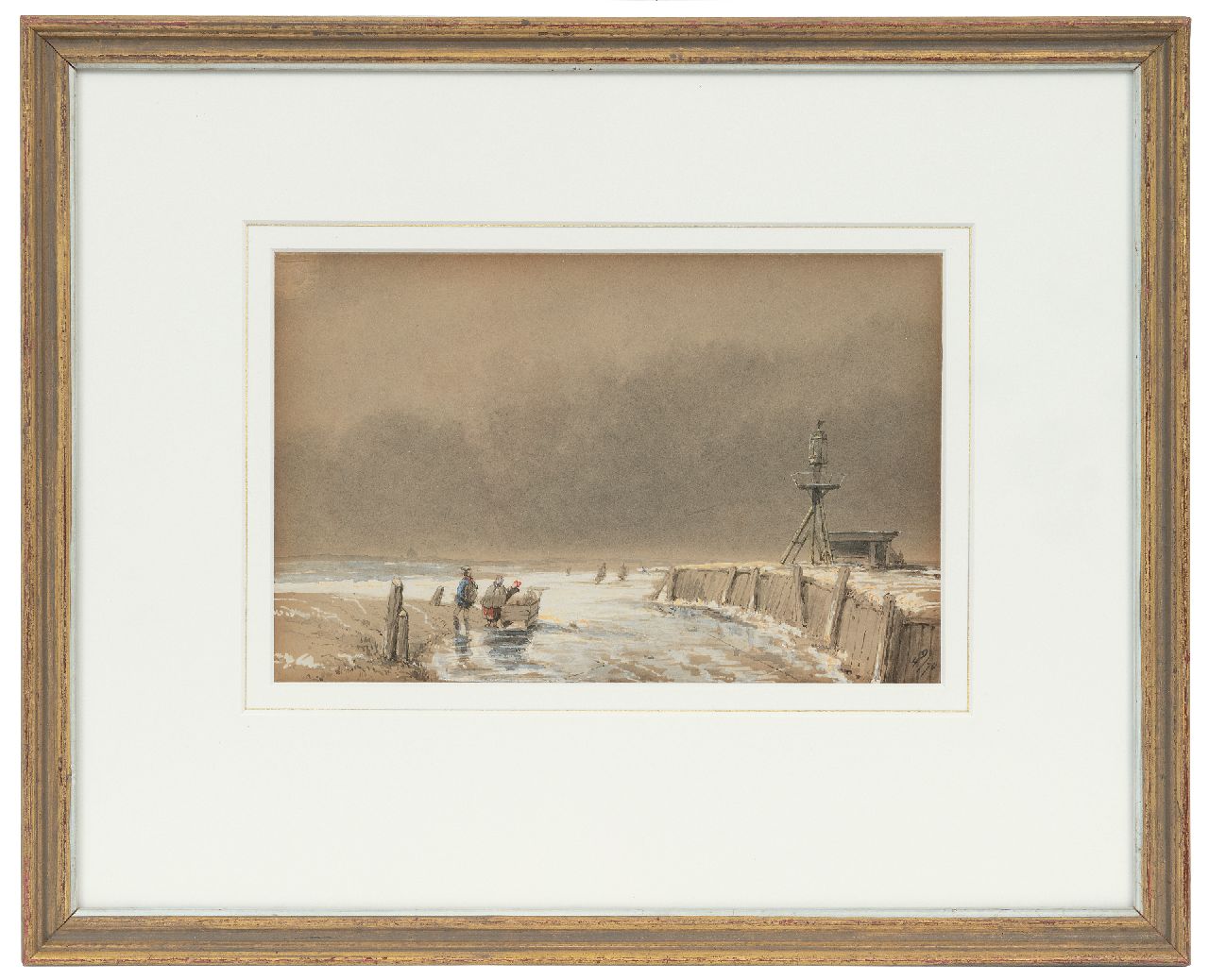Naar Schelfhout A.  | Andreas Naar Schelfhout | Watercolours and drawings offered for sale | Firures on the ice by en beacon, ink and watercolour on paper 14.0 x 22.5 cm