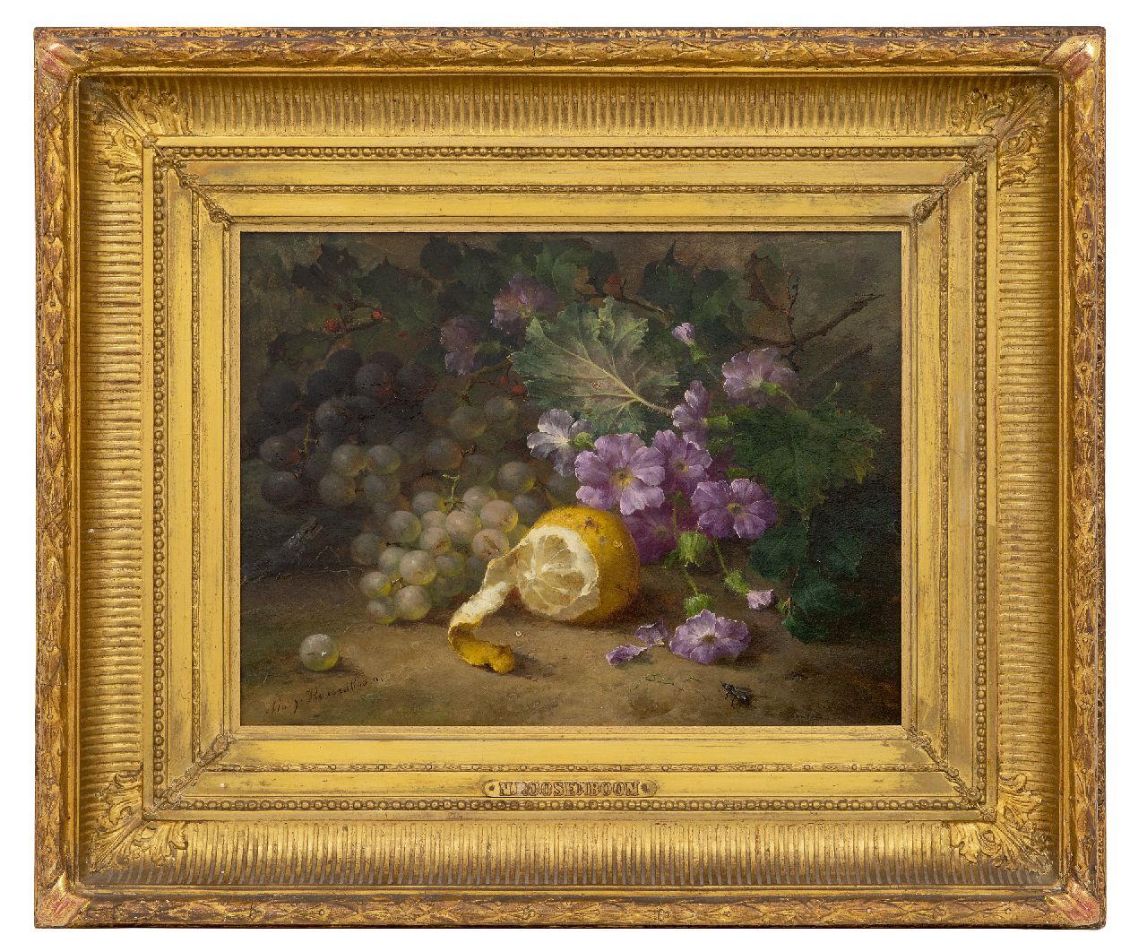 Roosenboom M.C.J.W.H.  | 'Margaretha' Cornelia Johanna Wilhelmina Henriëtta Roosenboom | Paintings offered for sale | Still life with grapes, a lemon and flowers on the forest floor, oil on panel 29.5 x 40.1 cm, signed l.l.