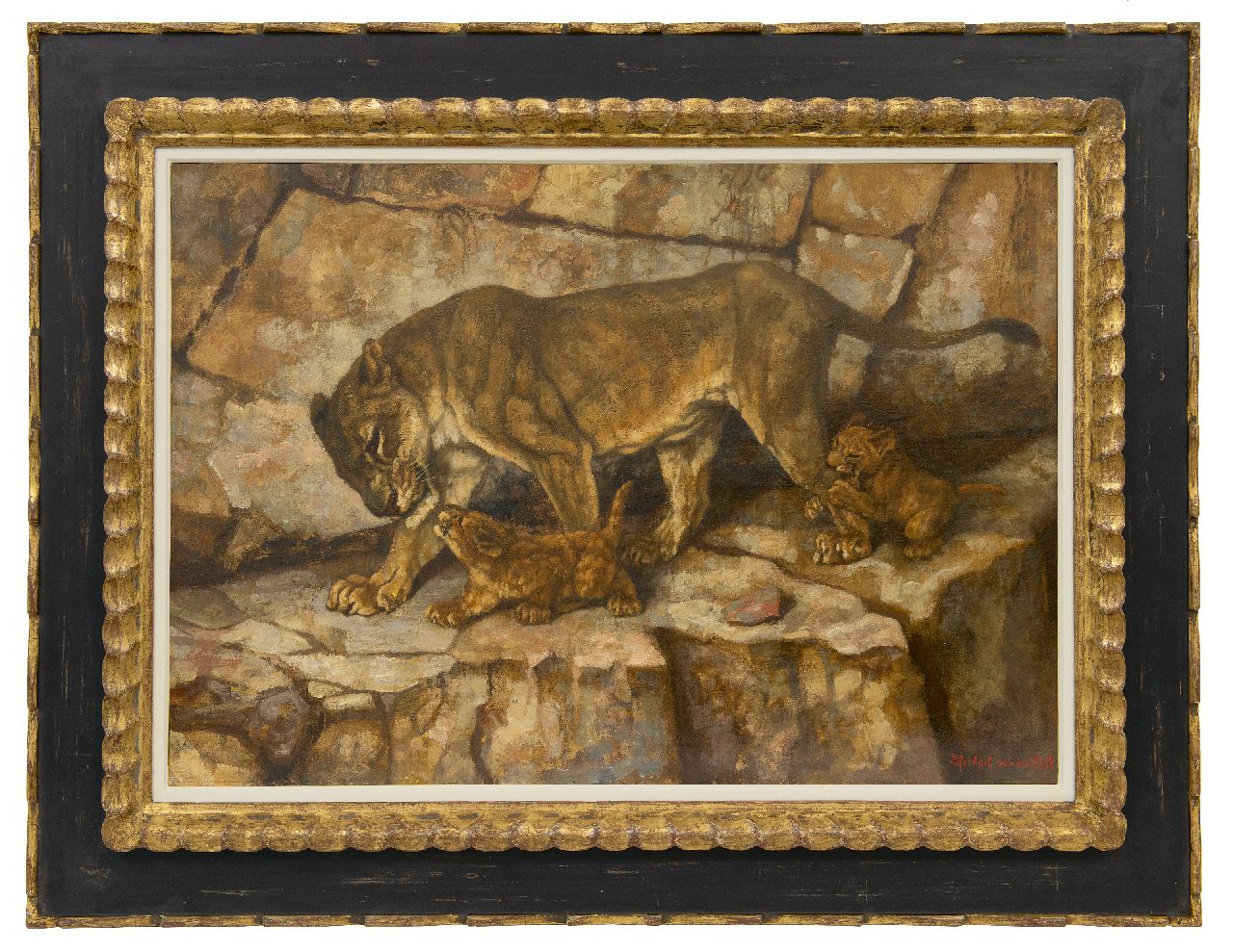 Poll D.H. van der | Daniël Herbert van der Poll | Paintings offered for sale | Lioness with her cubs, oil on canvas 49.5 x 69.8 cm, signed l.r.