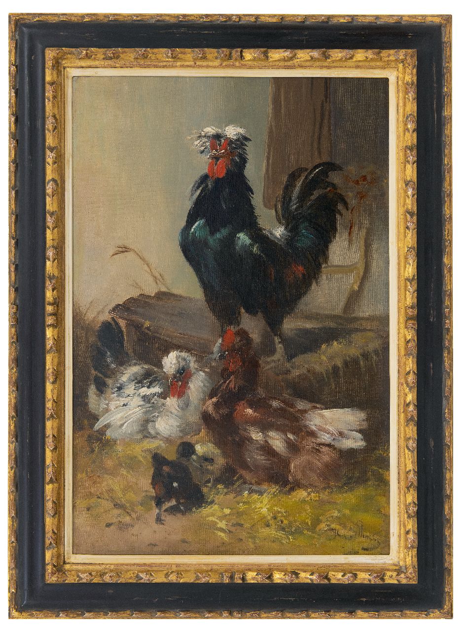 Schouten H.  | Henry Schouten | Paintings offered for sale | Black rooster with chickens, oil on canvas 60.2 x 40.3 cm, signed l.r.