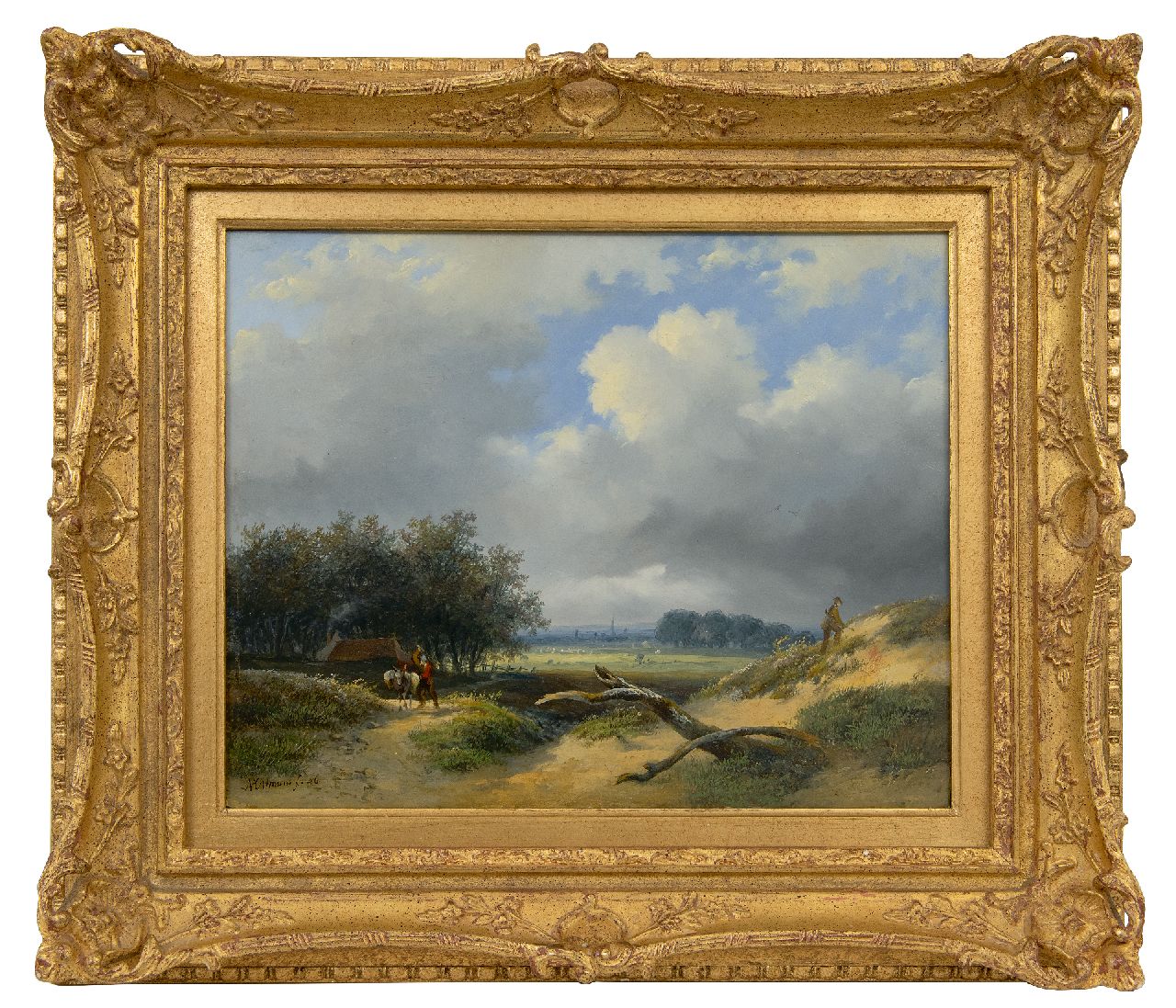 Ortmans F.A.  | François Auguste Ortmans | Paintings offered for sale | Valley landscape with hunter and farmer, oil on panel 23.4 x 29.4 cm, signed l.l. and dated '46