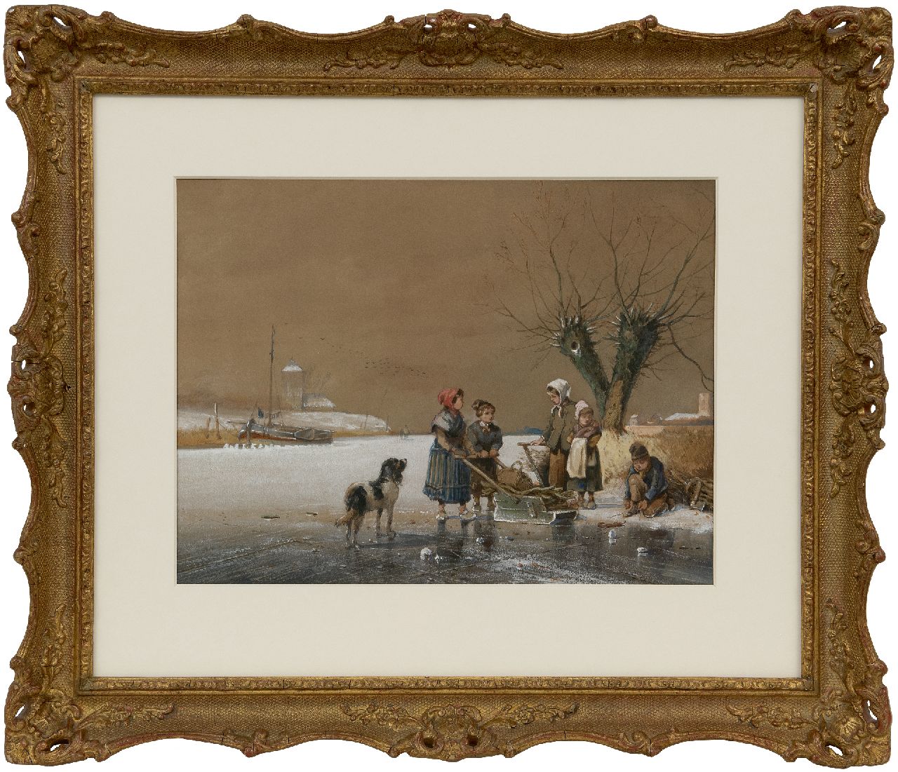 Smits J.G.  | Jan Gerard Smits, Children on a frozen river, watercolour and gouache on paper 26.5 x 35.5 cm