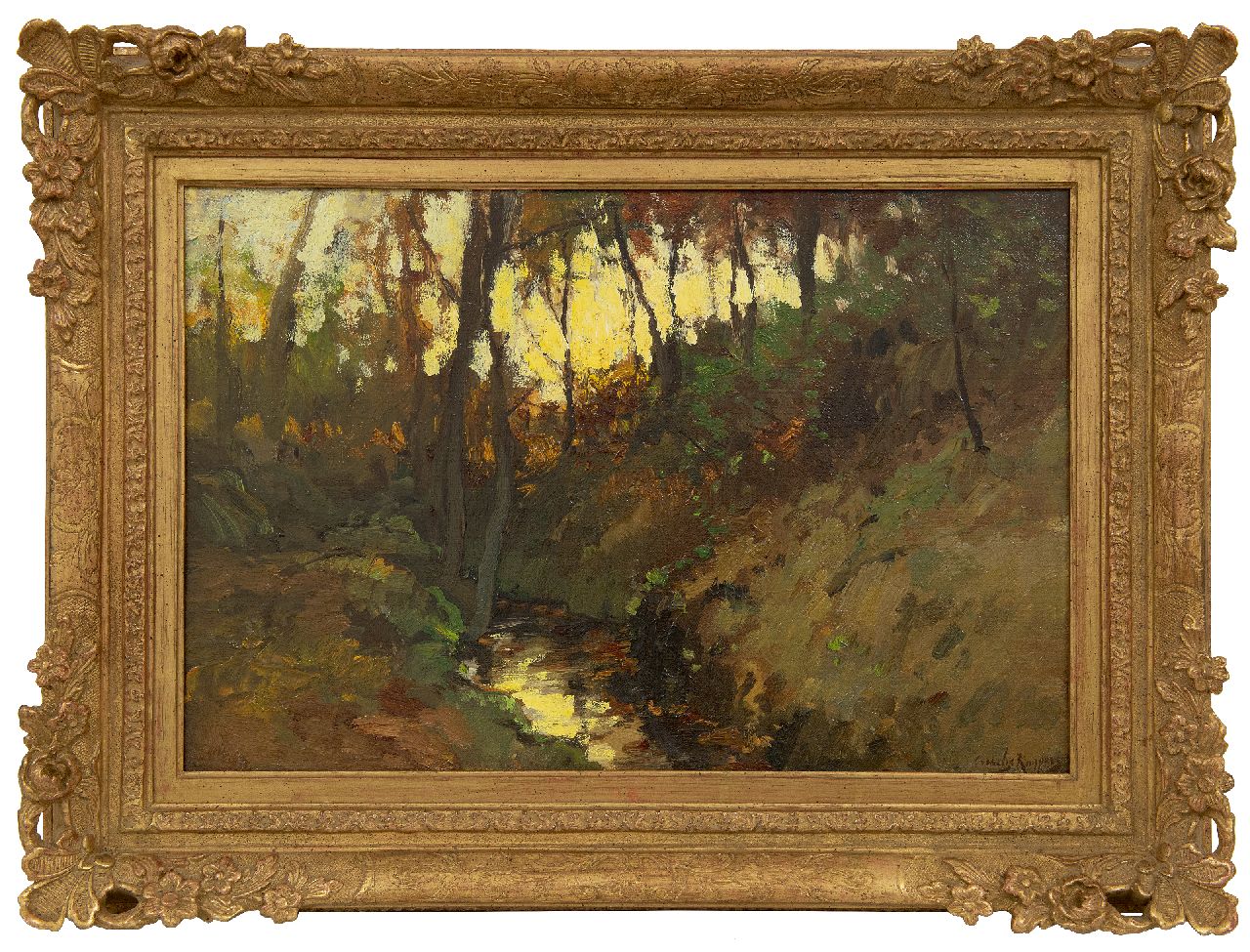 Kuijpers C.  | Cornelis Kuijpers | Paintings offered for sale | Ditch in autumnal forest landscape, oil on canvas laid down on panel 31.6 x 47.1 cm, signed l.r.