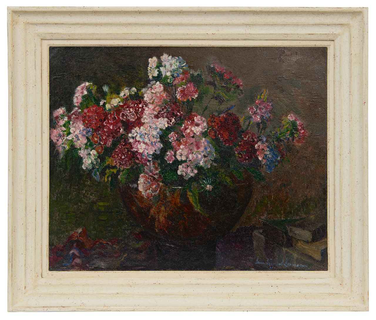 Lehmann A.E.F.  | 'Anna' Elisabeth Frederika Lehmann | Paintings offered for sale | Sweet Williams in a vase, oil on canvas 40.5 x 50.5 cm, signed l.r.