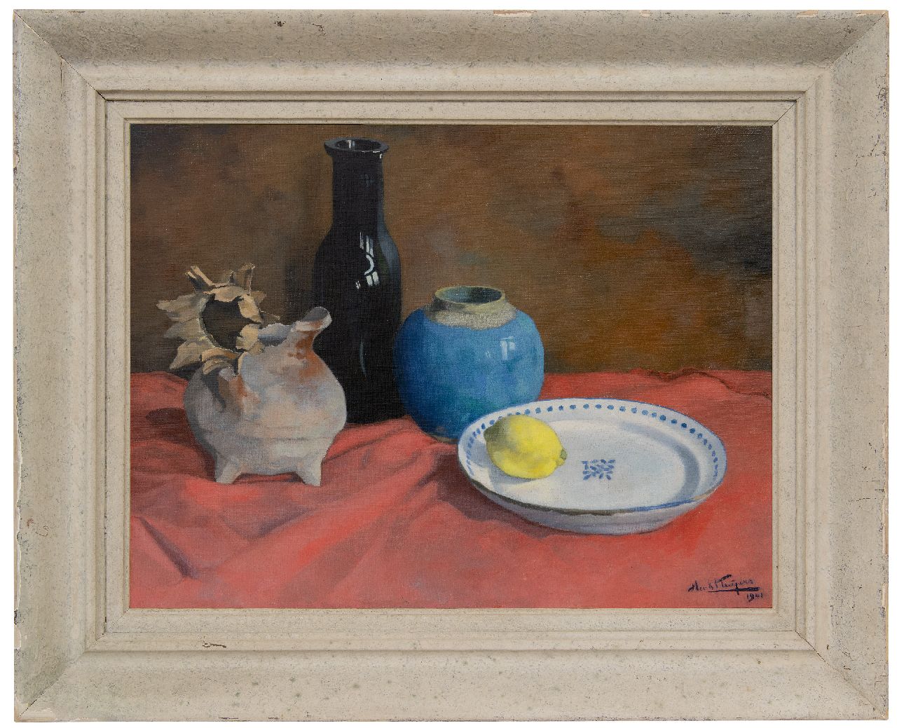 Kuipers H.J.  | Hendricus Jacobus 'Henk' Kuipers | Paintings offered for sale | A still life with tableware and a lemon, oil on canvas 45.7 x 60.5 cm, signed l.r. and dated 1941