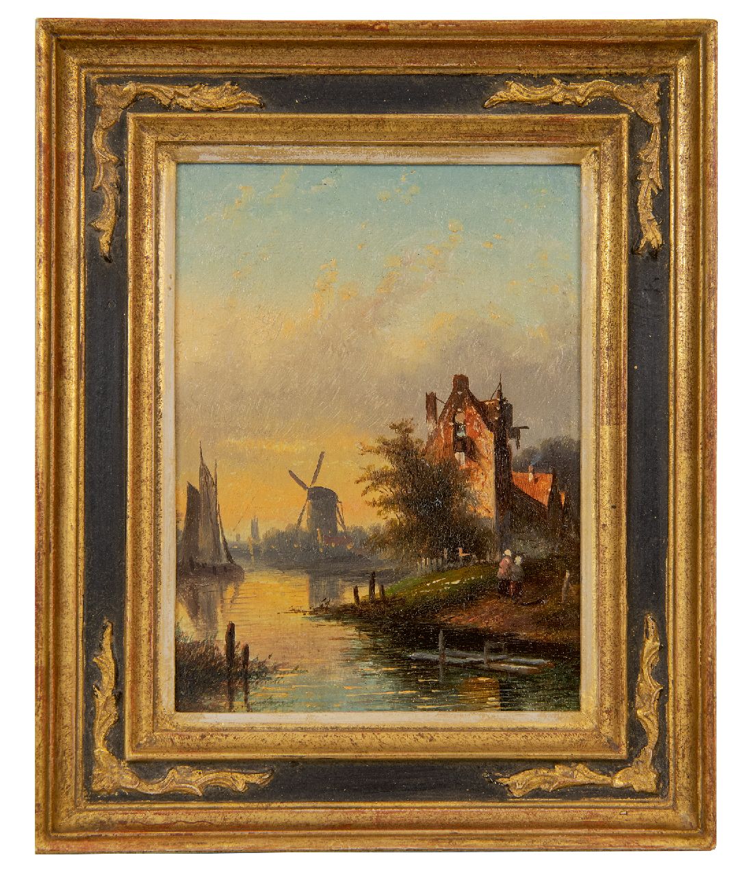 Spohler J.J.C.  | Jacob Jan Coenraad Spohler | Paintings offered for sale | River landscape with sailing ship, figures and windmill, oil on panel 16.0 x 11.9 cm