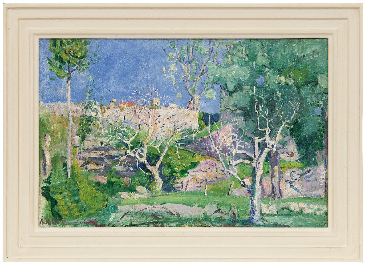 Gouwe A.H.  | Adriaan Herman Gouwe, A view of Biot (South of France), oil on canvas laid down on board 27.7 x 42.6 cm, signed l.l. and painted ca. 1919-1920