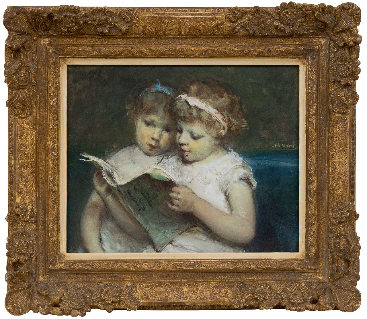 Blommers B.J.  | Bernardus Johannes 'Bernard' Blommers, Two sisters reading, gouache on paper 25.5 x 32.5 cm, signed m.r.