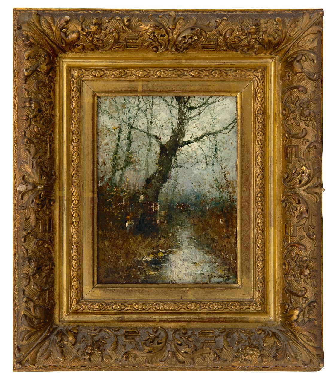 Jungblut J.  | Johann Jungblut | Paintings offered for sale | Figure in an autumn forest (pendant winter), oil on panel 16.2 x 11.7 cm, signed l.r.  J. Sander [pseudoniem]
