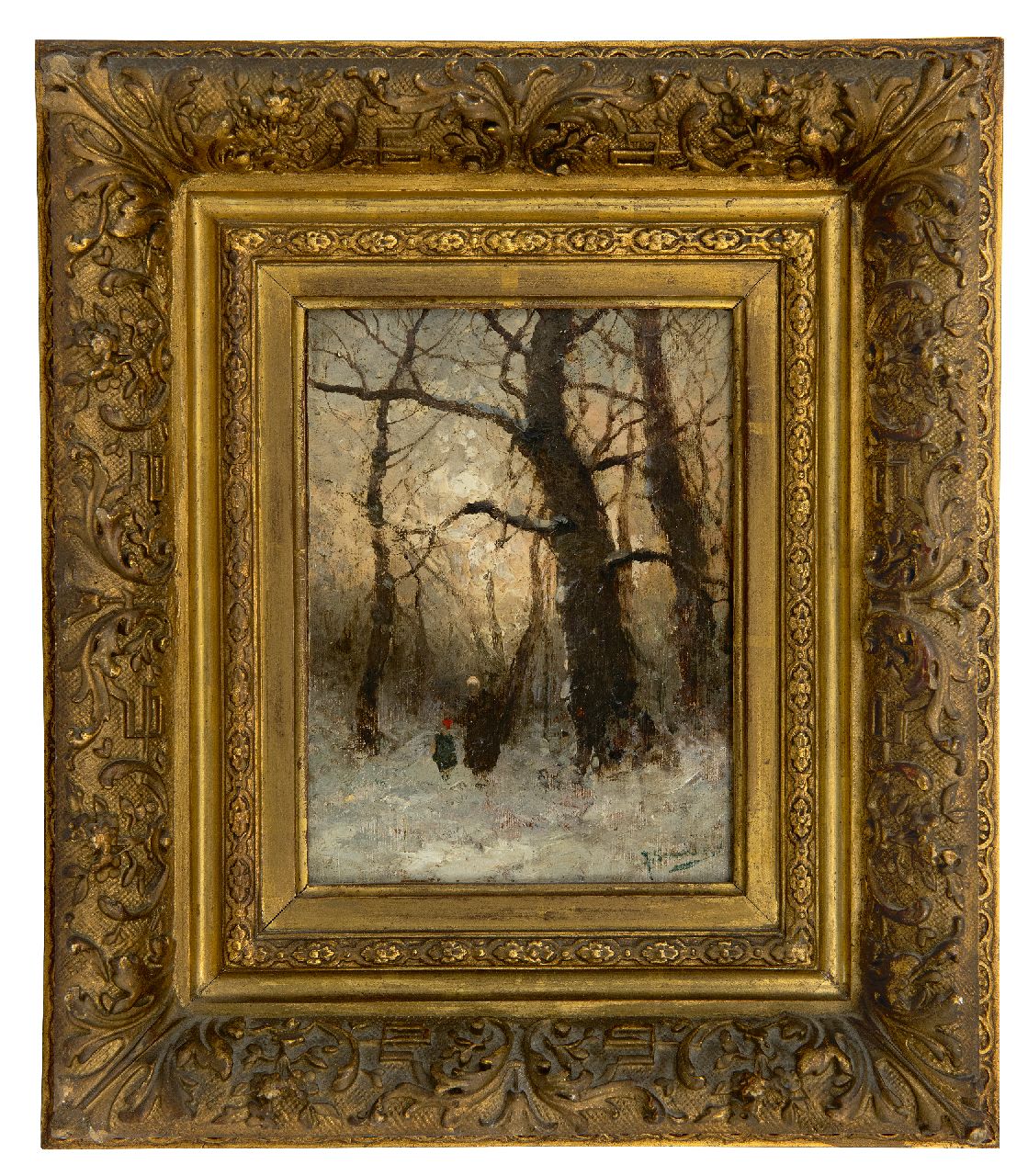 Jungblut J.  | Johann Jungblut | Paintings offered for sale | Figures in a snowy forest (pendant summer), oil on panel 16.1 x 11.8 cm, signed l.r. J. Sander [pseudoniem]