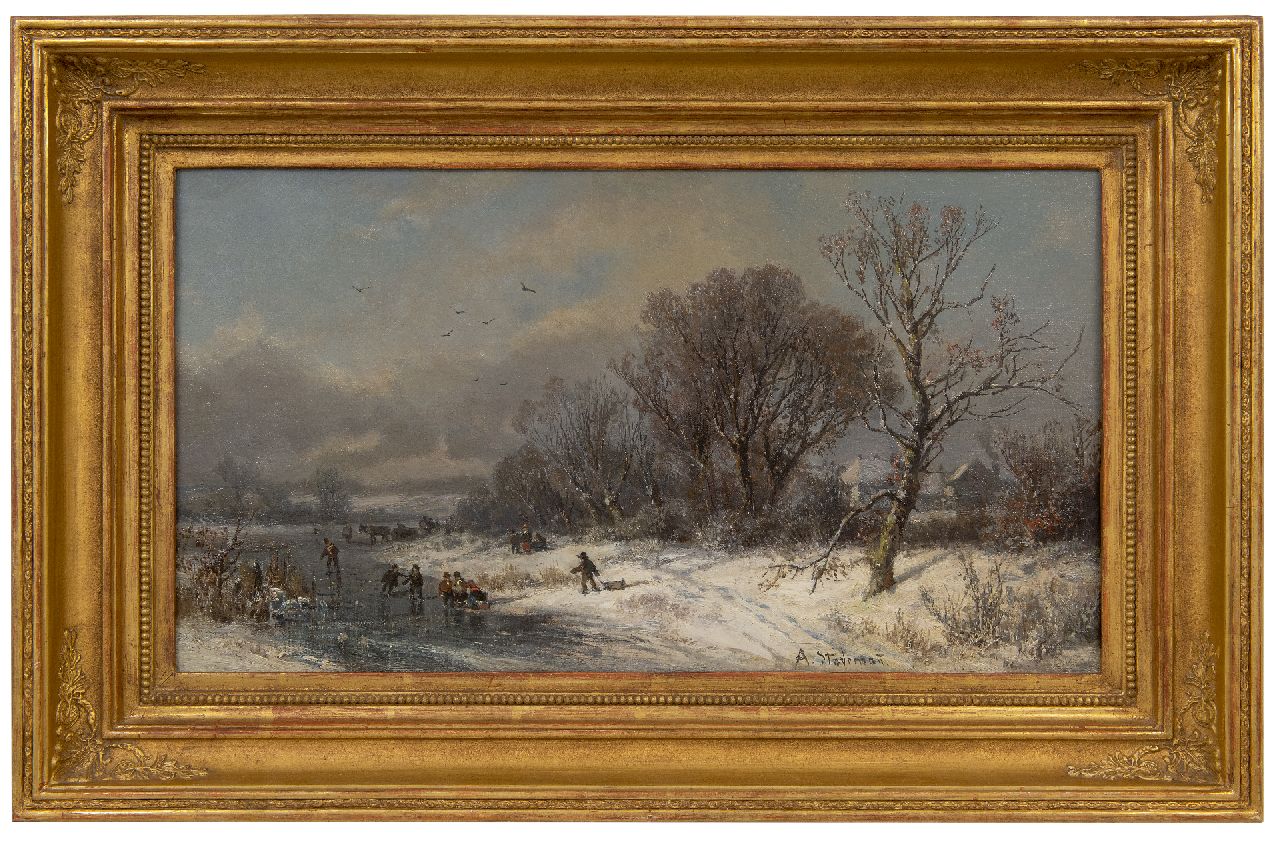 Stademann A.  | Adolf Stademann | Paintings offered for sale | Winter landscape with horse and cart and children on the ice, oil on canvas 31.0 x 56.0 cm, signed l.r.