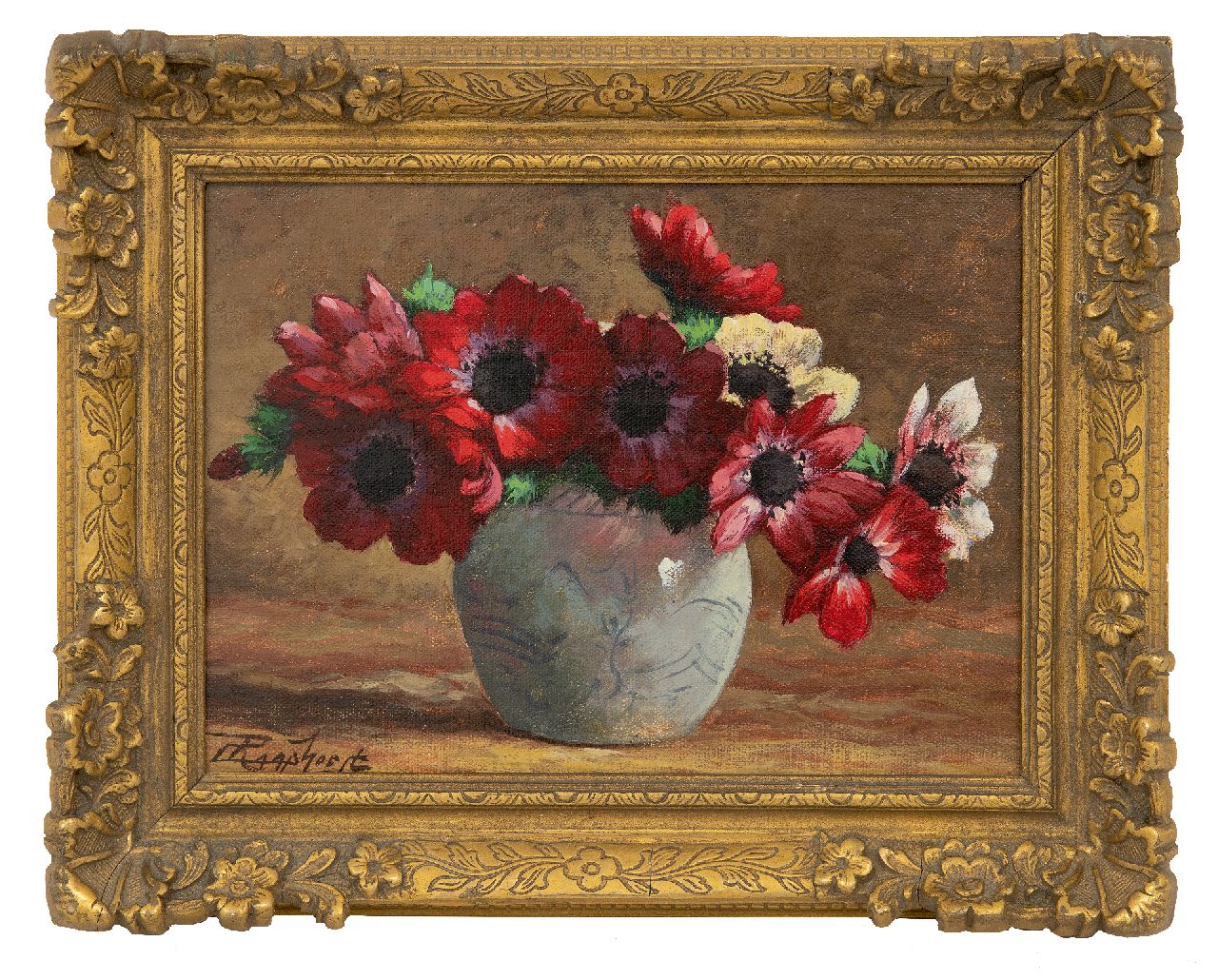Raaphorst C.  | Cornelis Raaphorst, Anemones in an earthenware pot, oil on canvas laid down on panel 18.5 x 24.6 cm, signed l.l.