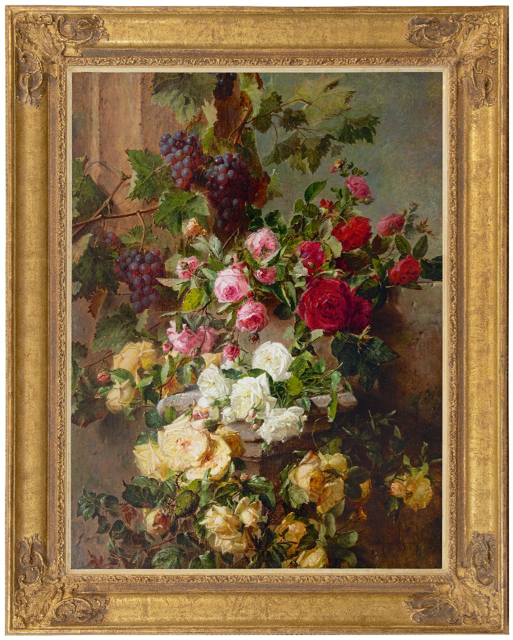 Haanen A.J.  | Adriana Johanna Haanen, Still life with roses and grapes, oil on canvas 101.6 x 76.5 cm, signed lr. and dated 1874