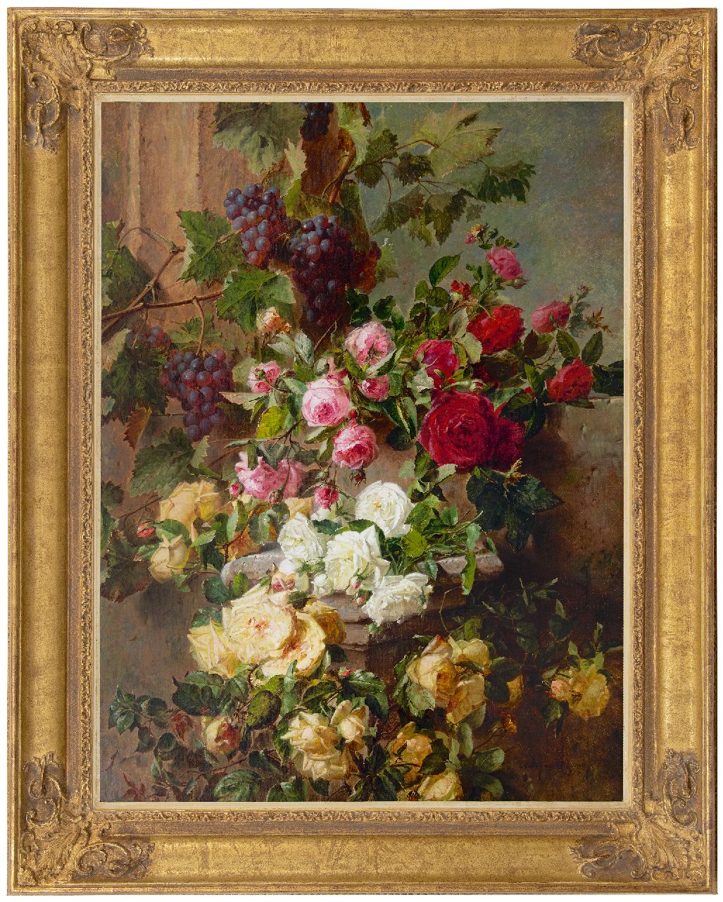 Haanen A.J.  | 'Adriana' Johanna Haanen, Still life with roses and grapes, oil on canvas 101.6 x 76.5 cm, signed lr. and dated 1874