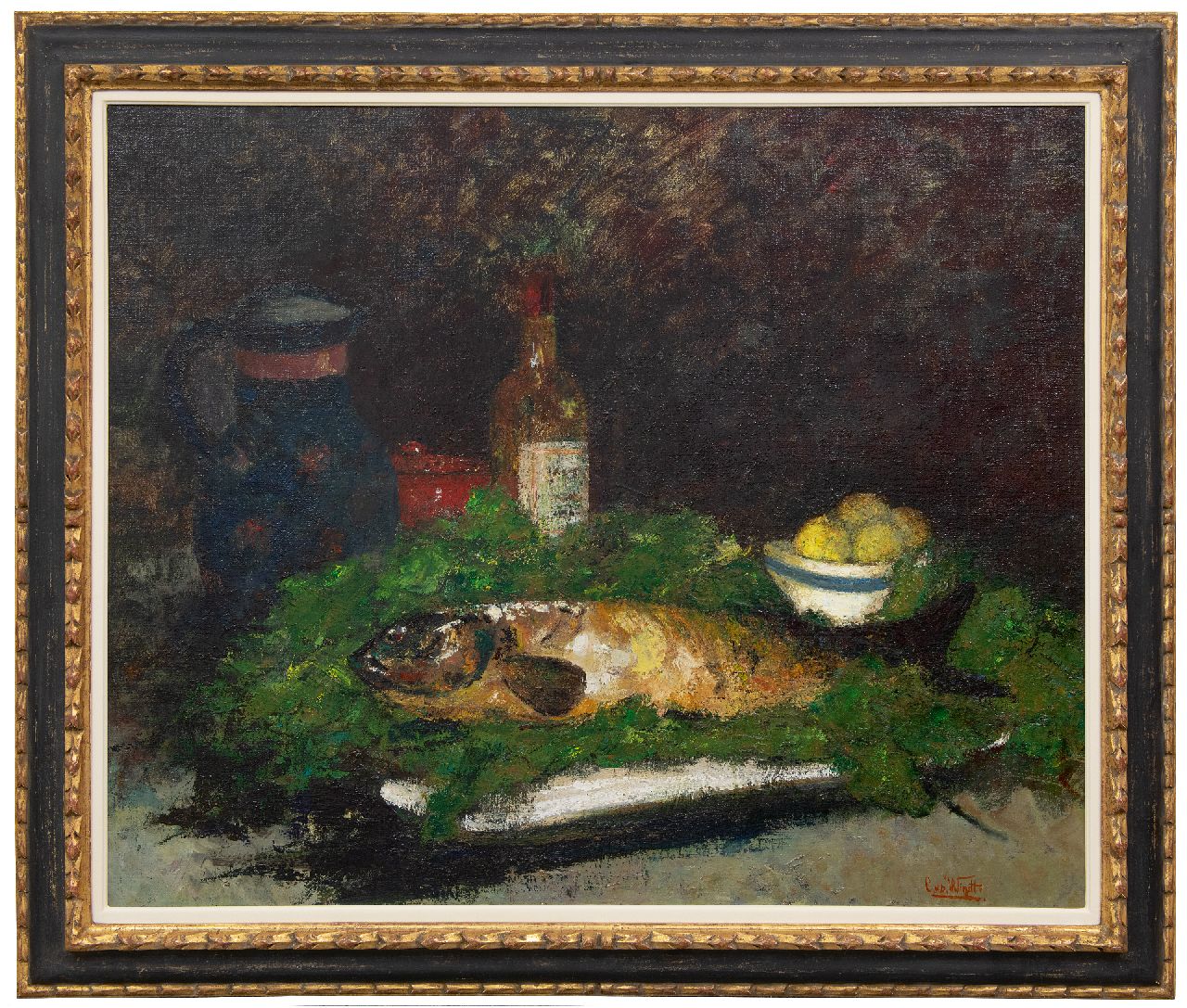 Windt Ch. van der | Christophe 'Chris' van der Windt | Paintings offered for sale | Still life with a fish, fruit and a wine bottle, oil on canvas 71.3 x 86.0 cm, signed l.r.