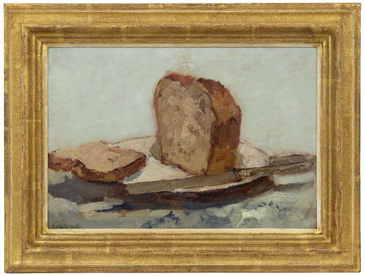 Windt Ch. van der | Christophe 'Chris' van der Windt, Still life with a sliced loaf, oil on painter's board 21.4 x 31.6 cm, signed l.l.