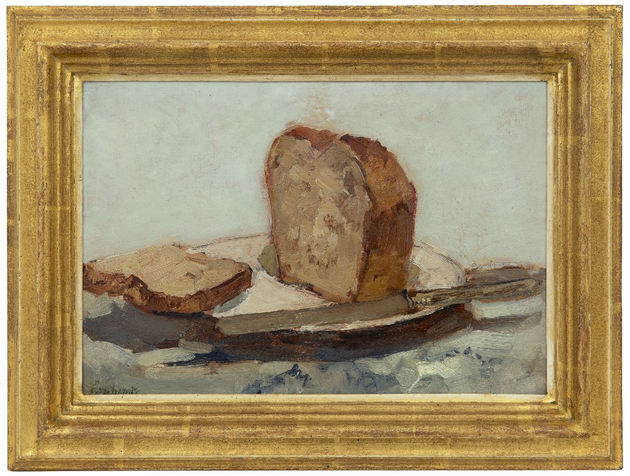 Windt Ch. van der | Christophe 'Chris' van der Windt, Still life with a sliced loaf of bread, oil on painter's board 21.4 x 31.6 cm, signed l.l.